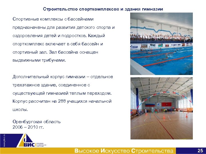 Строительство спорткомплексов и здания гимназии Спортивные комплексы с бассейнами предназначены для развития детского спорта