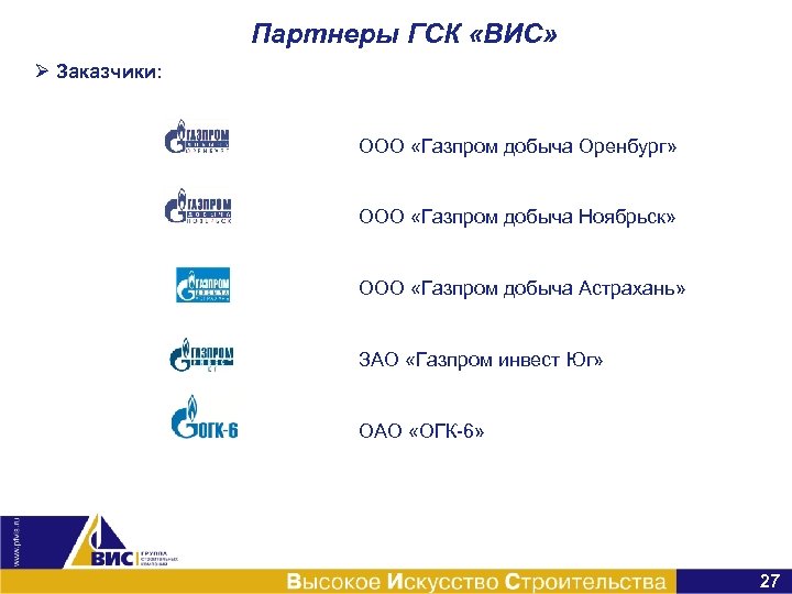 Партнеры ГСК «ВИС» Ø Заказчики: ООО «Газпром добыча Оренбург» ООО «Газпром добыча Ноябрьск» ООО
