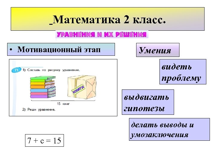 Математика 2 класс. • Мотивационный этап Умения видеть проблему выдвигать гипотезы 7 + c