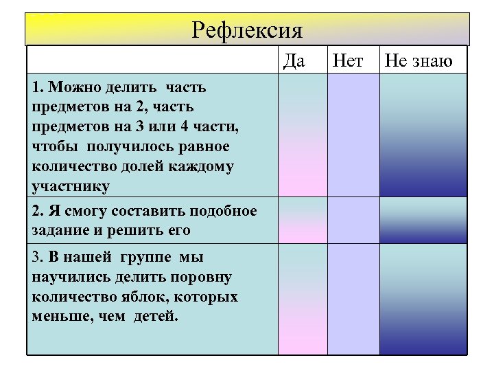 Рефлексия Да 1. Можно делить часть предметов на 2, часть предметов на 3 или