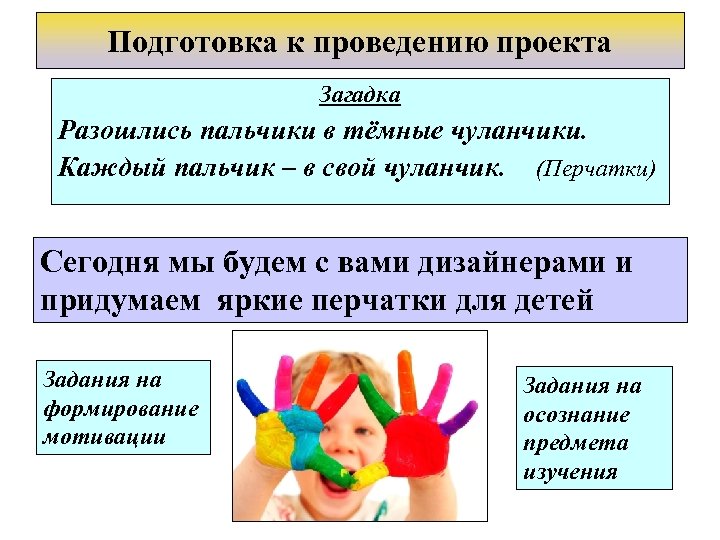 Подготовка к проведению проекта Загадка Разошлись пальчики в тёмные чуланчики. Каждый пальчик – в