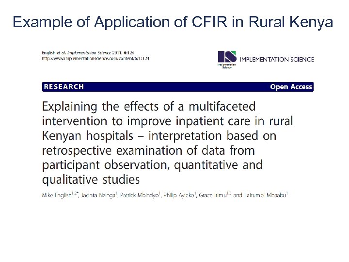 Example of Application of CFIR in Rural Kenya 