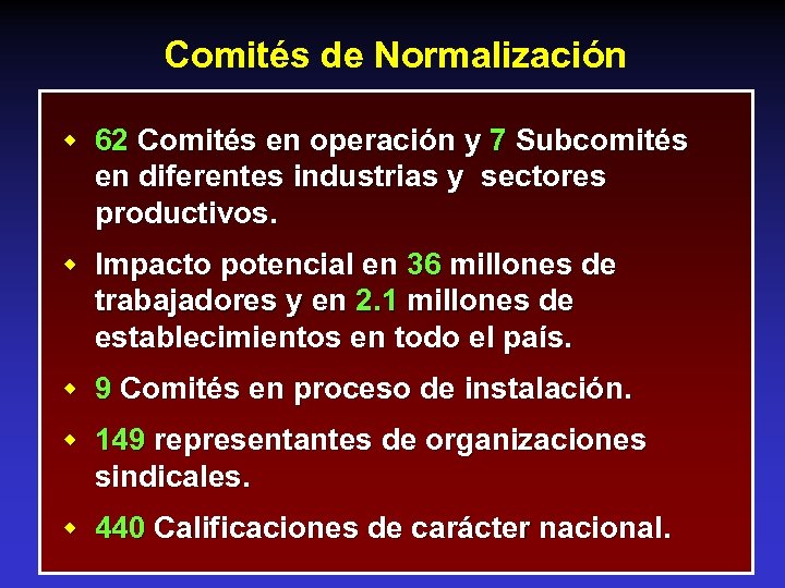 Comités de Normalización w 62 Comités en operación y 7 Subcomités en diferentes industrias