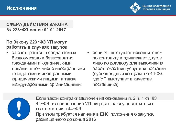 Исключения СФЕРА ДЕЙСТВИЯ ЗАКОНА № 223‑ФЗ после 01. 2017 По Закону 223‑ФЗ УП могут