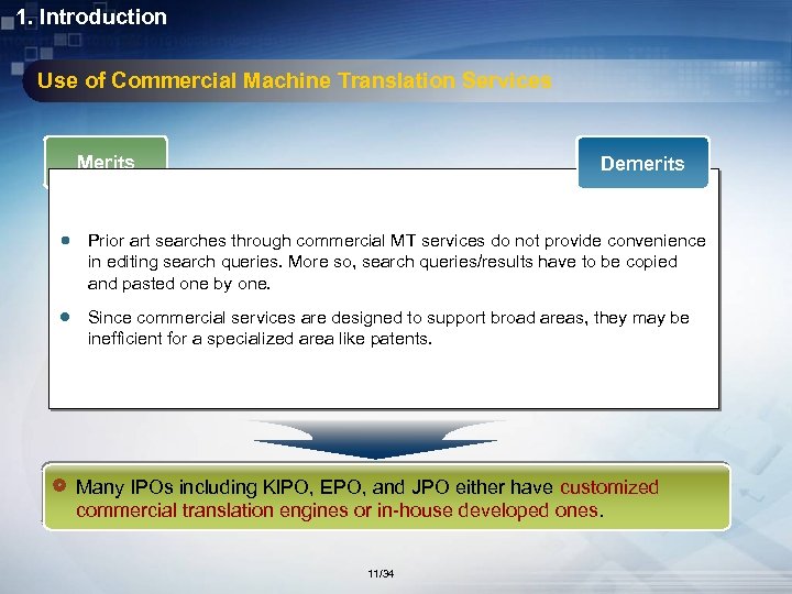 1. Introduction Use of Commercial Machine Translation Services Merits Demerits Prior art searches through