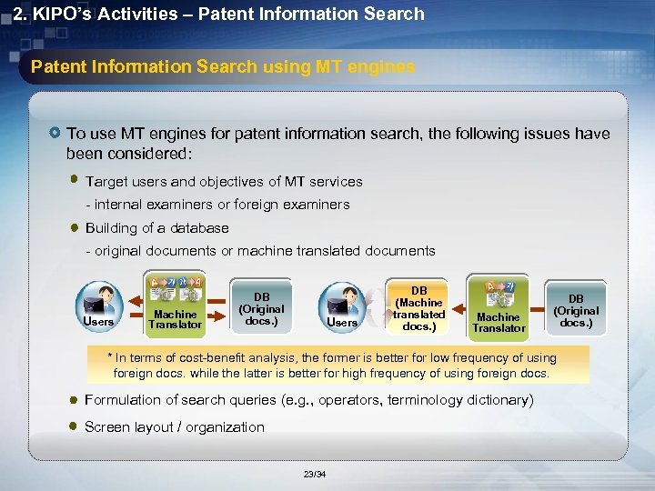 2. KIPO’s Activities – Patent Information Search using MT engines To use MT engines