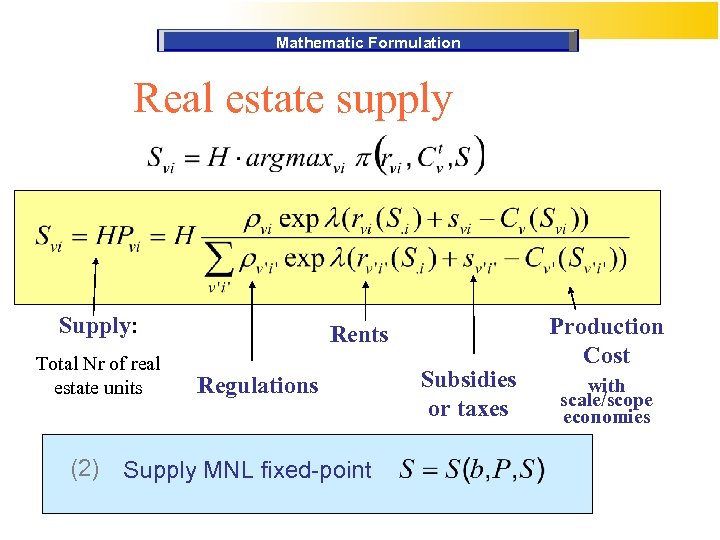 Mathematic Formulation Real estate supply Supply: Total Nr of real estate units (2) Rents