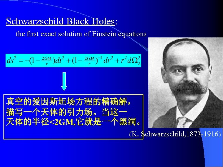 Schwarzschild Black Holes: the first exact solution of Einstein equations 真空的爱因斯坦场方程的精确解， 描写一个天体的引力场。当这一 天体的半径<2 GM,