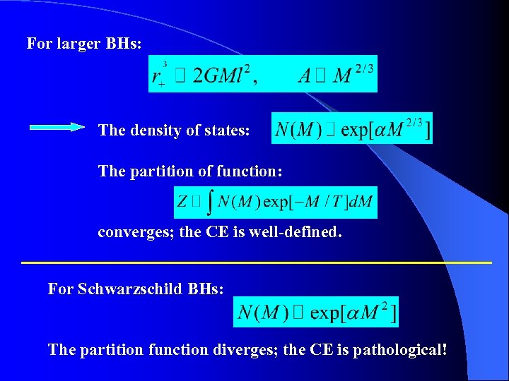 For larger BHs: The density of states: The partition of function: converges; the CE