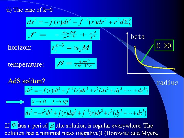 ii) The case of k=0 beta horizon: C >0 temperature: Ad. S soliton? radius
