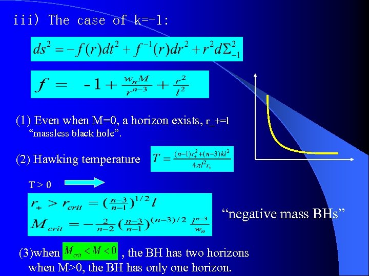 iii) The case of k=-1: (1) Even when M=0, a horizon exists, r_+=l “massless