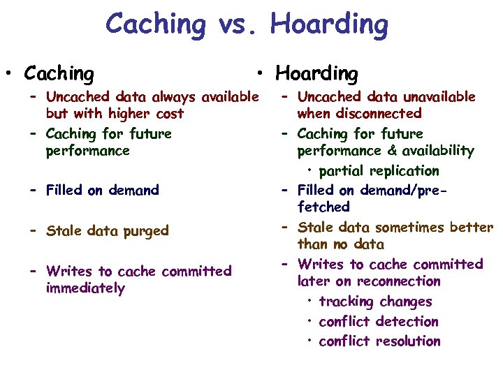 Caching vs. Hoarding • Caching • Hoarding – Uncached data always available but with