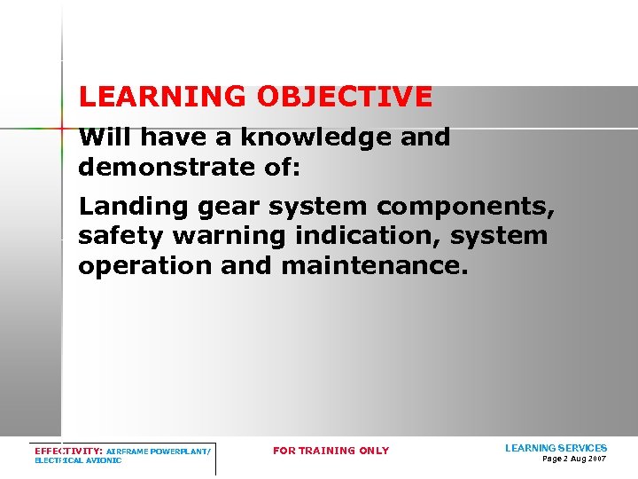 LEARNING OBJECTIVE Will have a knowledge and demonstrate of: Landing gear system components, safety