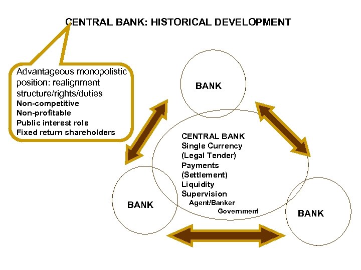CENTRAL BANK: HISTORICAL DEVELOPMENT Advantageous monopolistic position: realignment structure/rights/duties Non-competitive Non-profitable Public interest role