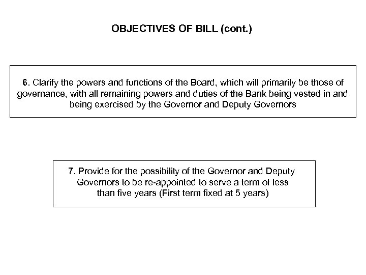 OBJECTIVES OF BILL (cont. ) 6. Clarify the powers and functions of the Board,