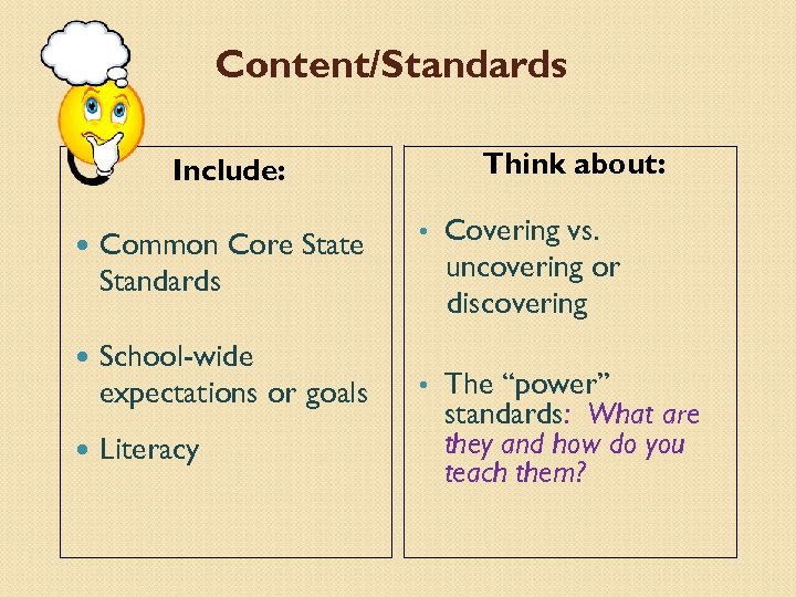 Content/Standards Think about: Include: Common Core State Standards School-wide expectations or goals Literacy •