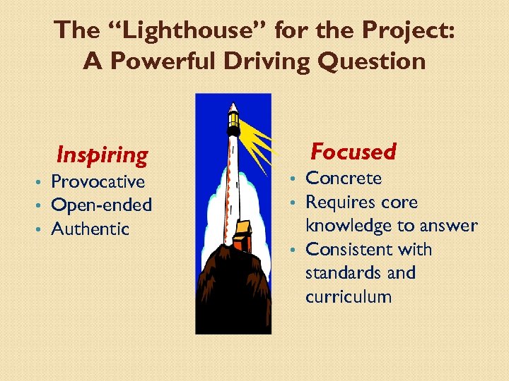 The “Lighthouse” for the Project: A Powerful Driving Question Inspiring • • • Provocative