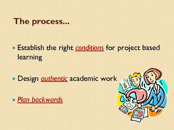 The process. . . Establish the right conditions for project based learning Design Plan