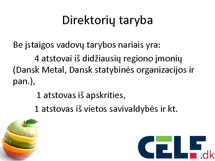 Direktorių taryba Be įstaigos vadovų tarybos nariais yra: 4 atstovai iš didžiausių regiono įmonių