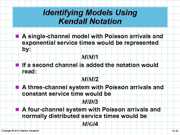 Identifying Models Using Kendall Notation n A single-channel model with Poisson arrivals and exponential