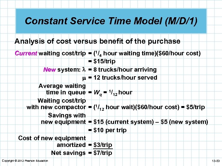 Constant Service Time Model (M/D/1) Analysis of cost versus benefit of the purchase Current