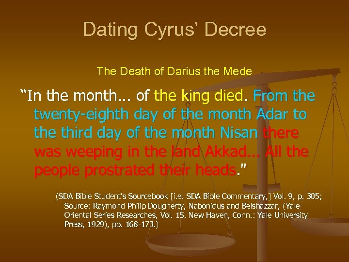 Dating Cyrus’ Decree The Death of Darius the Mede “In the month. . .