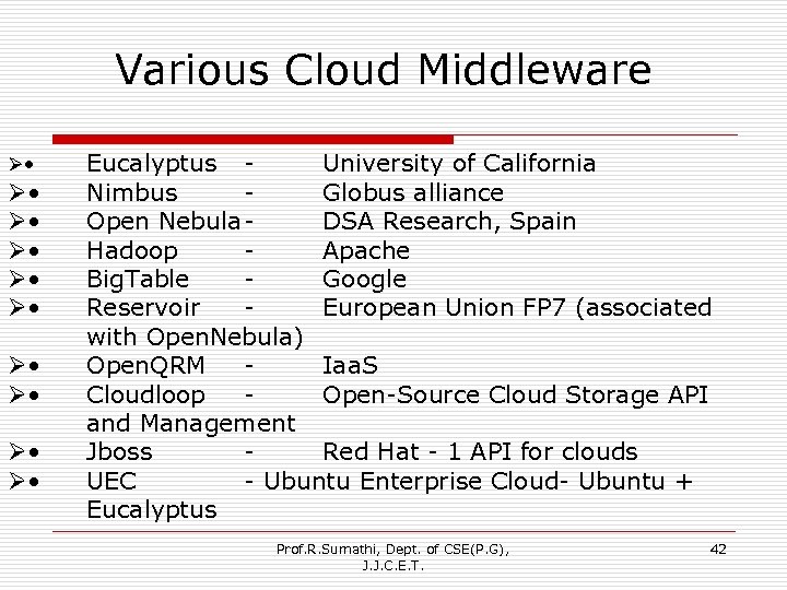 Various Cloud Middleware Ø • Ø • Ø • Eucalyptus - University of California