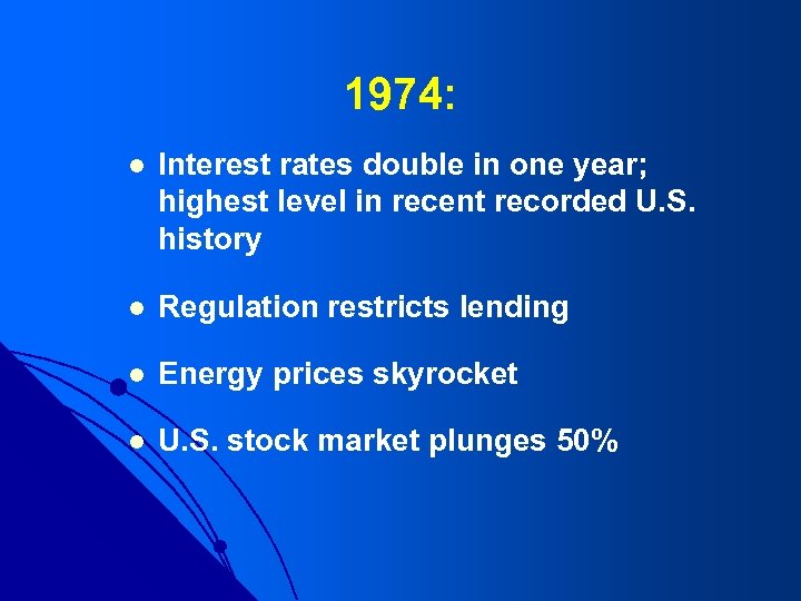 1974: l Interest rates double in one year; highest level in recent recorded U.