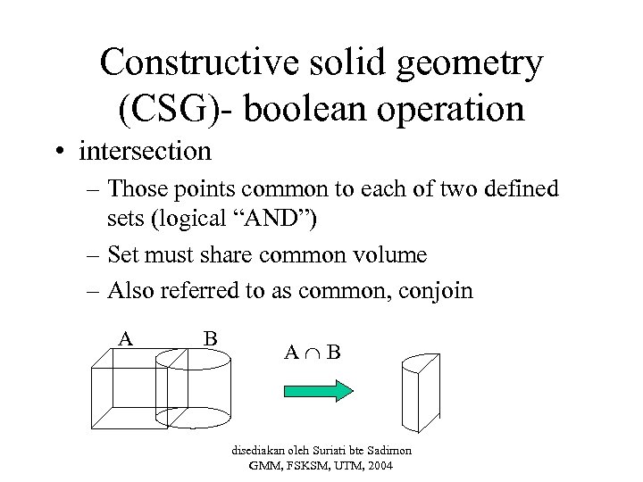 Constructive solid geometry (CSG)- boolean operation • intersection – Those points common to each