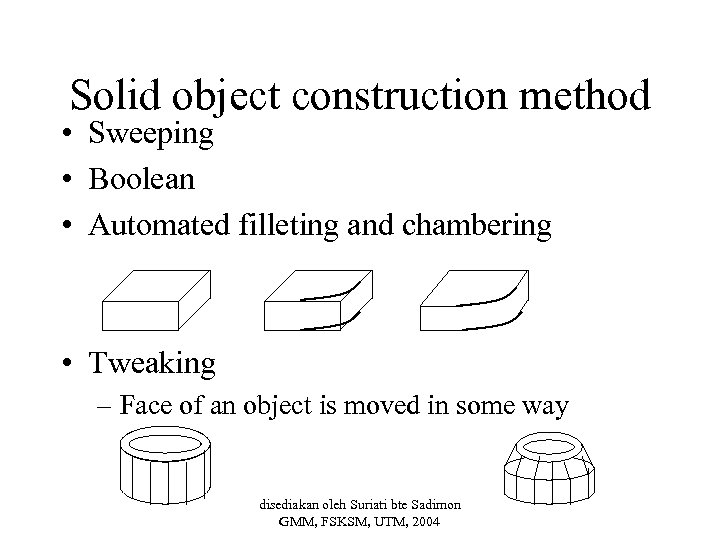 Solid object construction method • Sweeping • Boolean • Automated filleting and chambering •