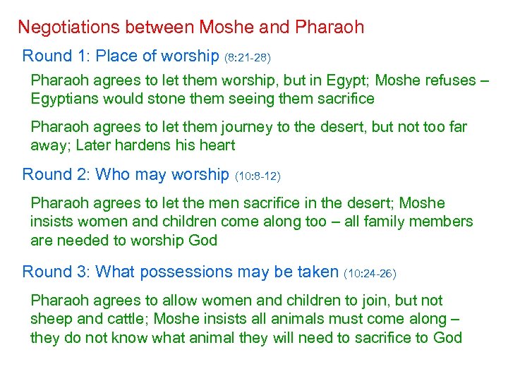 Negotiations between Moshe and Pharaoh Round 1: Place of worship (8: 21 -28) Pharaoh