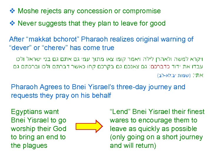 v Moshe rejects any concession or compromise v Never suggests that they plan to