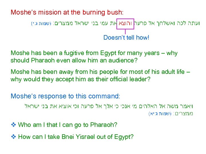 Moshe’s mission at the burning bush: Doesn’t tell how! Moshe has been a fugitive