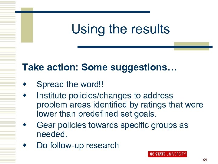 Using the results Take action: Some suggestions… w w Spread the word!! Institute policies/changes