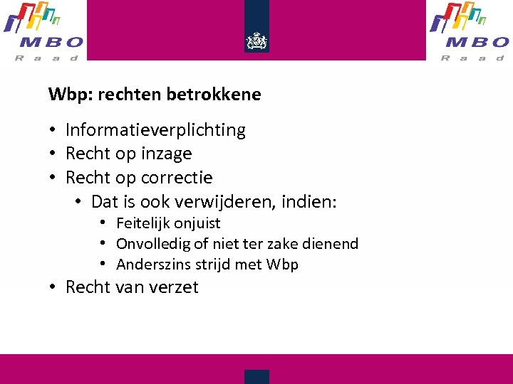 Wbp: rechten betrokkene • Informatieverplichting • Recht op inzage • Recht op correctie •