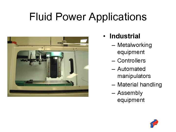 Fluid Power Applications • Industrial – Metalworking equipment – Controllers – Automated manipulators –