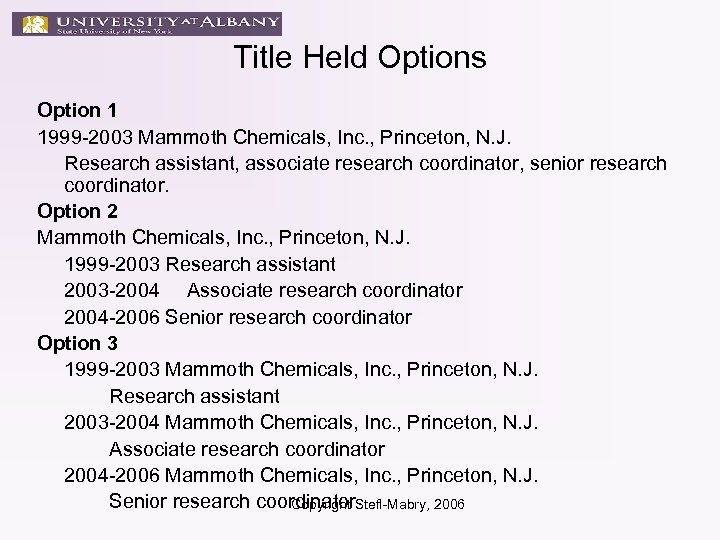 Title Held Options Option 1 1999 -2003 Mammoth Chemicals, Inc. , Princeton, N. J.