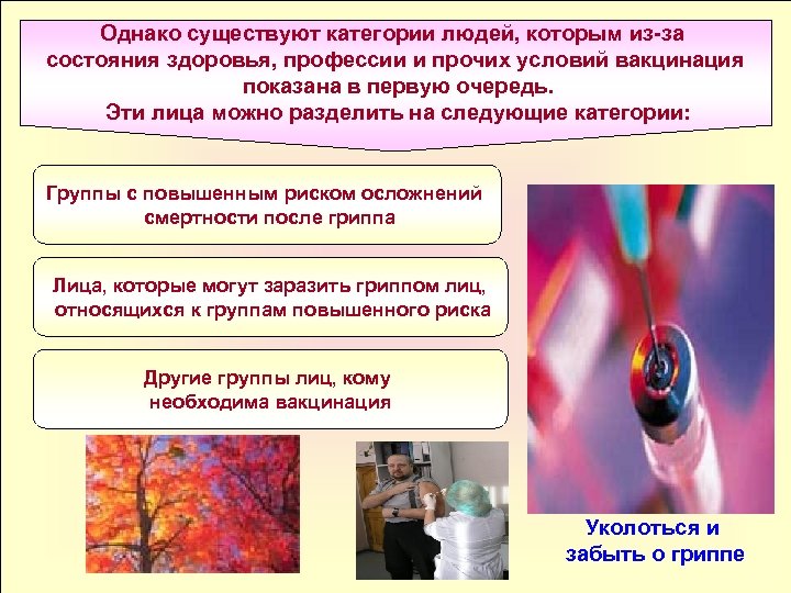 Однако существуют категории людей, которым из за состояния здоровья, профессии и прочих условий вакцинация