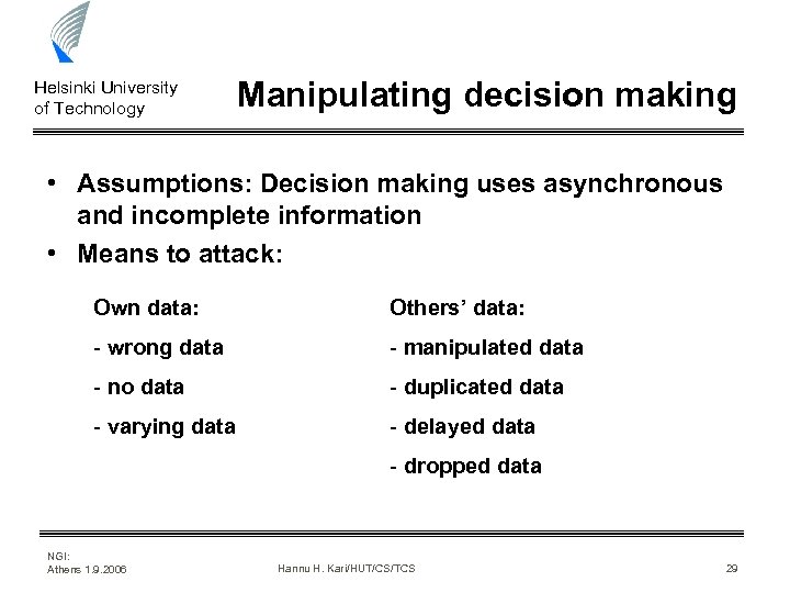 Helsinki University of Technology Manipulating decision making • Assumptions: Decision making uses asynchronous and