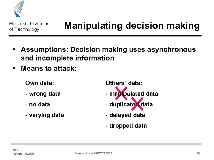 Helsinki University of Technology Manipulating decision making • Assumptions: Decision making uses asynchronous and