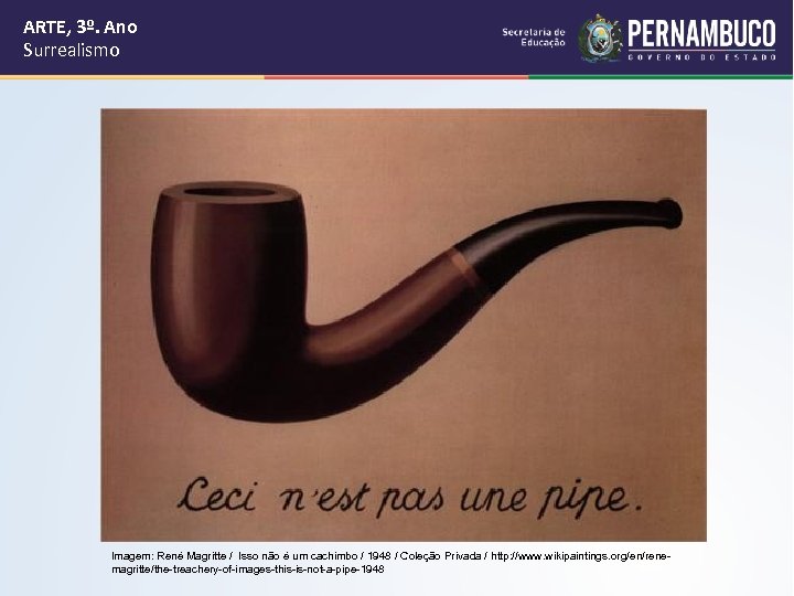 ARTE, 3º. Ano Surrealismo Imagem: René Magritte / Isso não é um cachimbo /