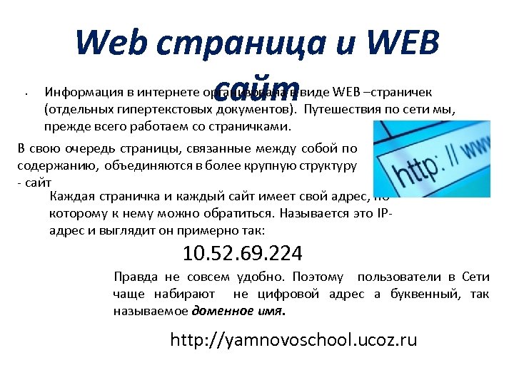  • Web страница и WEB сайт Информация в интернете организована в виде WEB