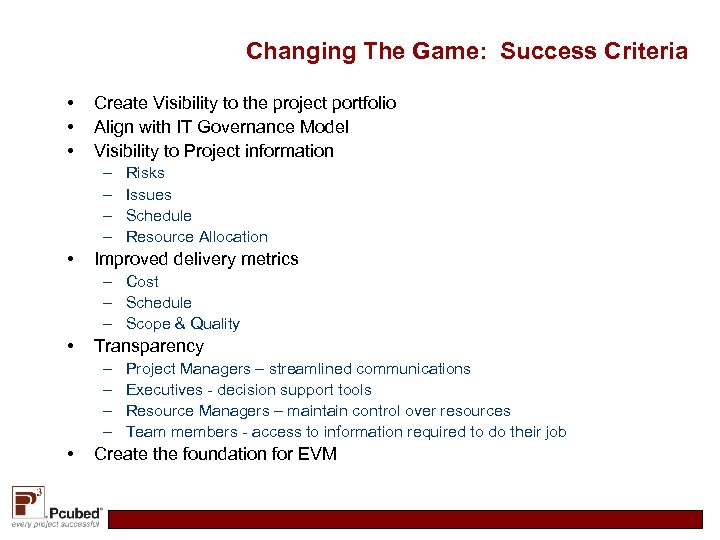 Changing The Game: Success Criteria • • • Create Visibility to the project portfolio