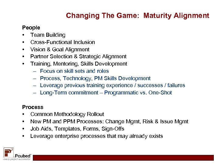 Changing The Game: Maturity Alignment People • Team Building • Cross-Functional Inclusion • Vision