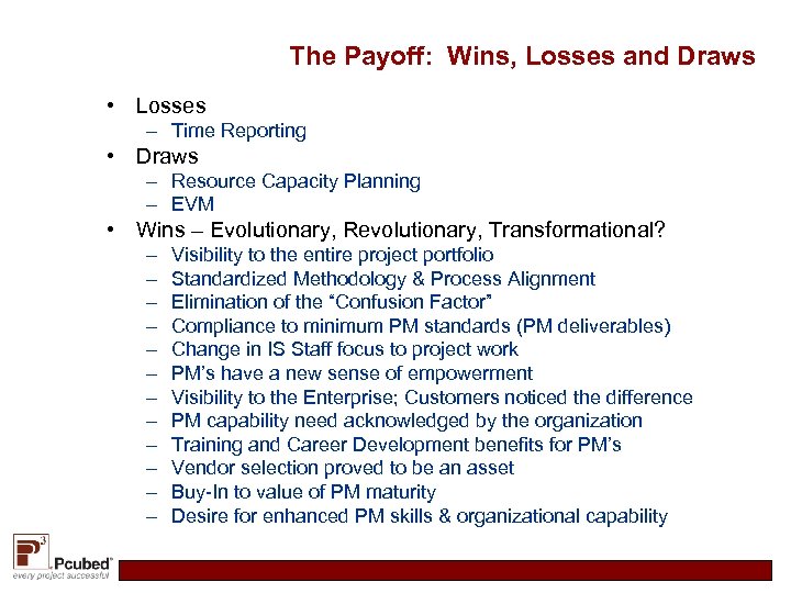 The Payoff: Wins, Losses and Draws • Losses – Time Reporting • Draws –