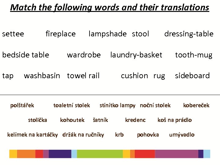 Match the following words and their translations settee fireplace bedside table tap lampshade stool