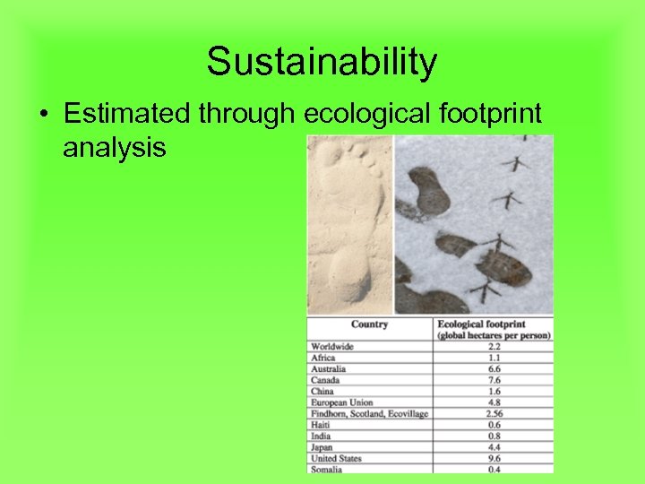 Sustainability • Estimated through ecological footprint analysis 