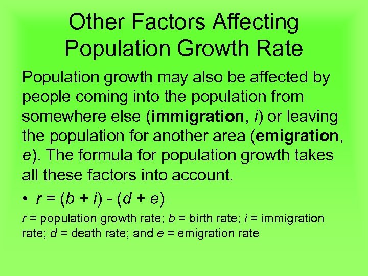 Other Factors Affecting Population Growth Rate Population growth may also be affected by people