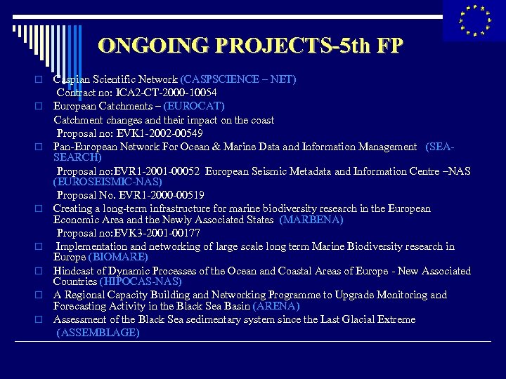 ONGOING PROJECTS-5 th FP o o o o Caspian Scientific Network (CASPSCIENCE – NET)