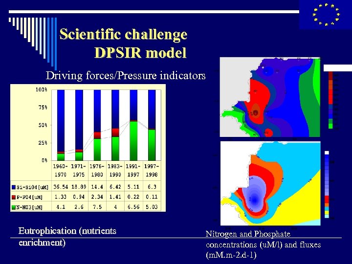 Scientific challenge DPSIR model Driving forces/Pressure indicators Eutrophication (nutrients enrichment) Nitrogen and Phosphate concentrations